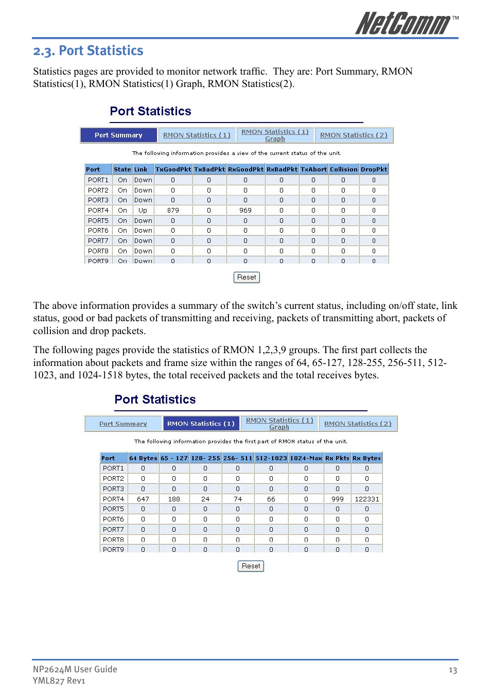 Port statistics | NetComm NP2624M User Manual | Page 13 / 134