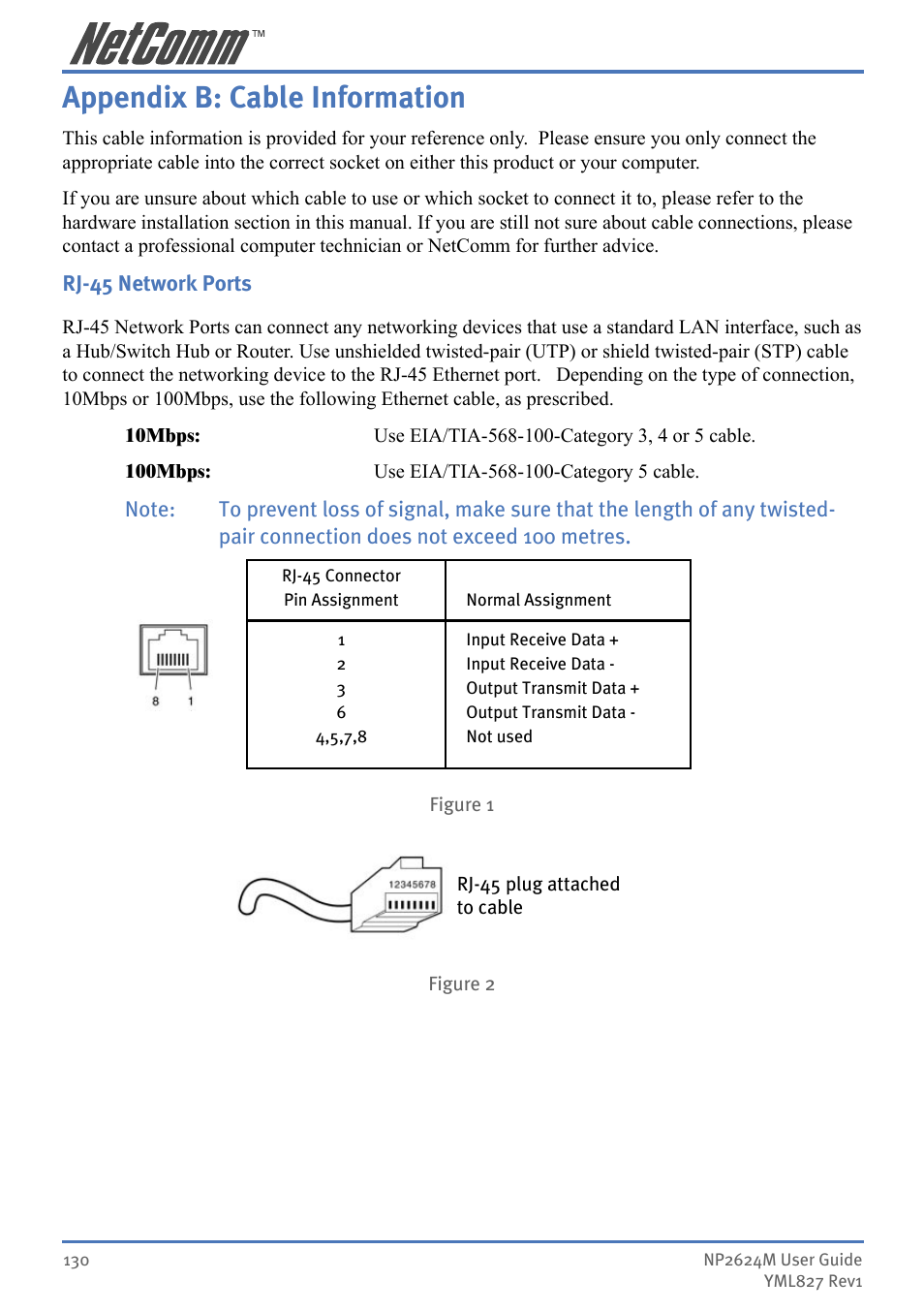 Appendix b: cable information | NetComm NP2624M User Manual | Page 130 / 134