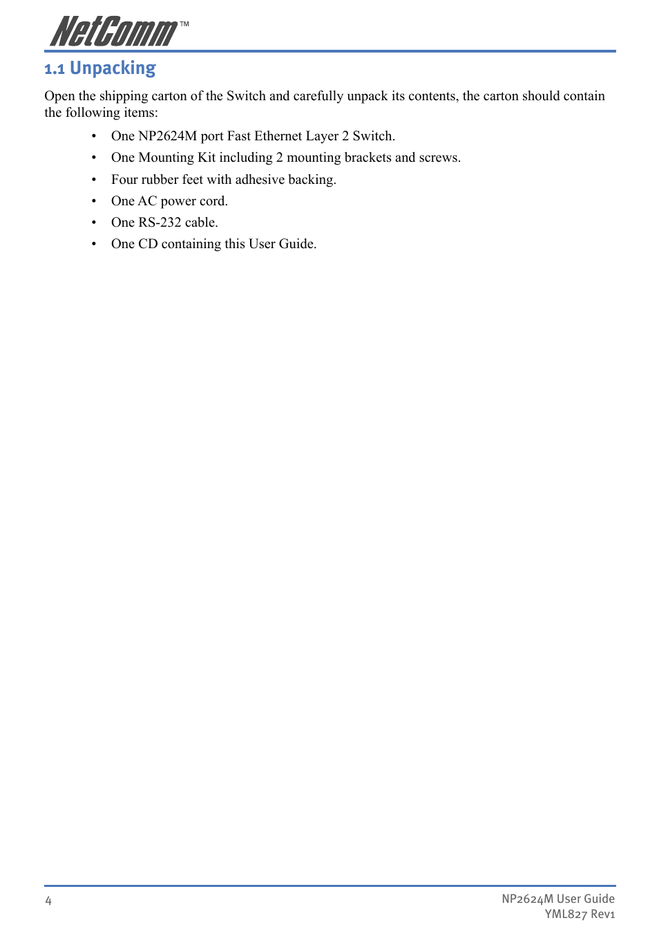 1 unpacking | NetComm NP2624M User Manual | Page 4 / 134