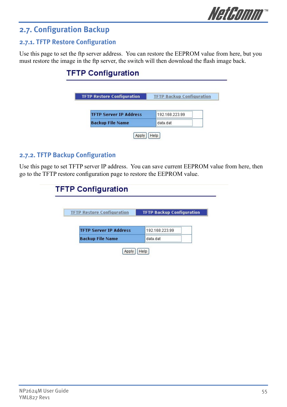 Conﬁguration backup, Configuration backup | NetComm NP2624M User Manual | Page 55 / 134