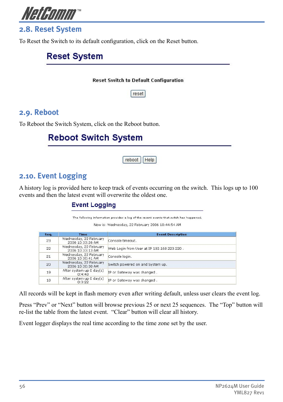 Reset system 2.9. reboot, Event logging, Reset system | Reboot | NetComm NP2624M User Manual | Page 56 / 134