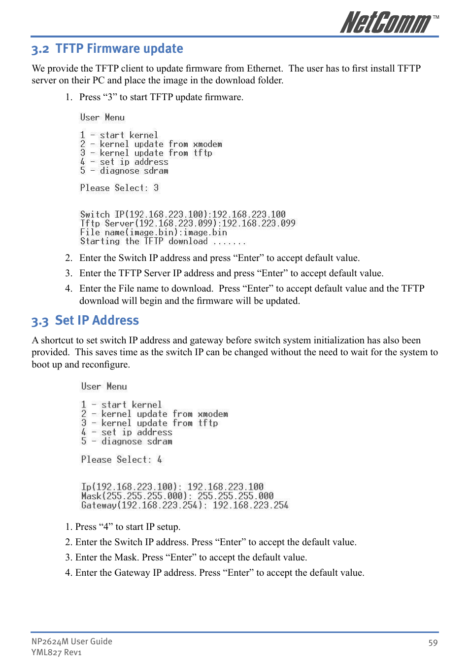 2 tftp firmware update 3.3 set ip address, 2 tftp firmware update, 3 set ip address | NetComm NP2624M User Manual | Page 59 / 134