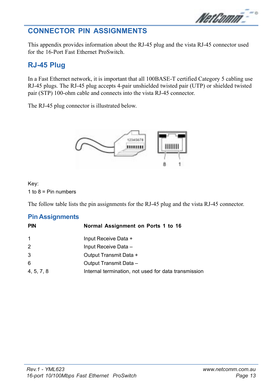 Connector pin assignments, Rj-45 plug, Connector pin assignments rj-45 plug | NetComm NP2160 User Manual | Page 13 / 20