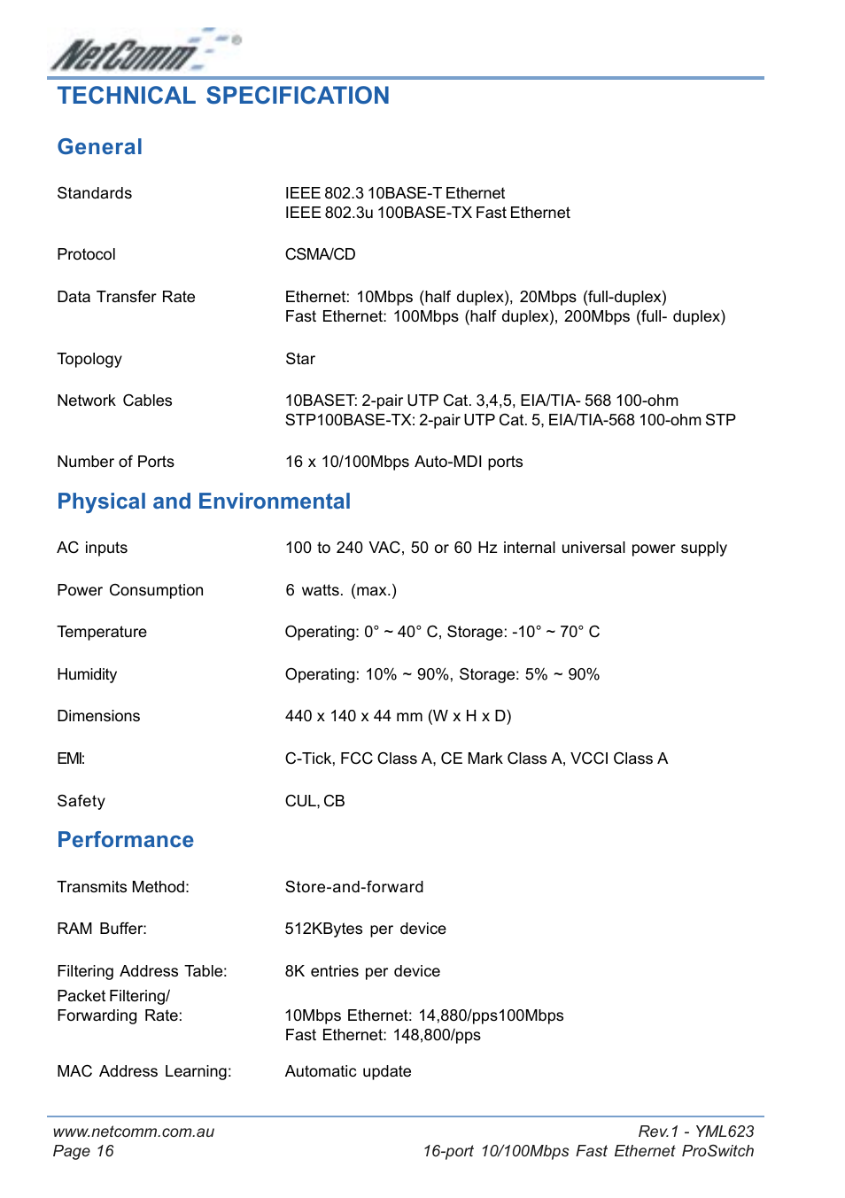 Technical specification, General, Physical and environmental | Performance, General physical and environmental performance | NetComm NP2160 User Manual | Page 16 / 20