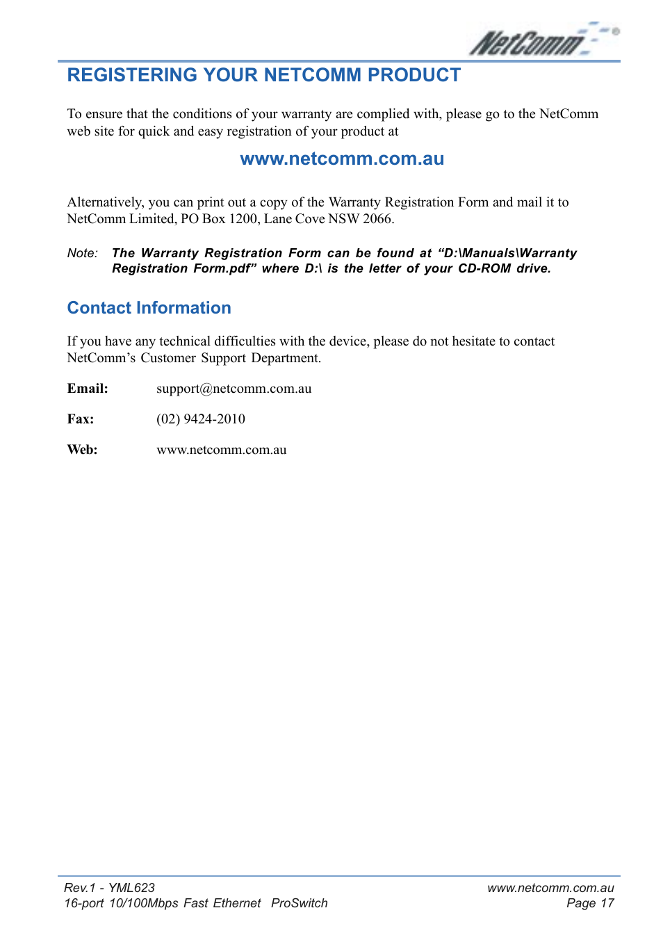 Registering your netcomm product, Contact information | NetComm NP2160 User Manual | Page 17 / 20