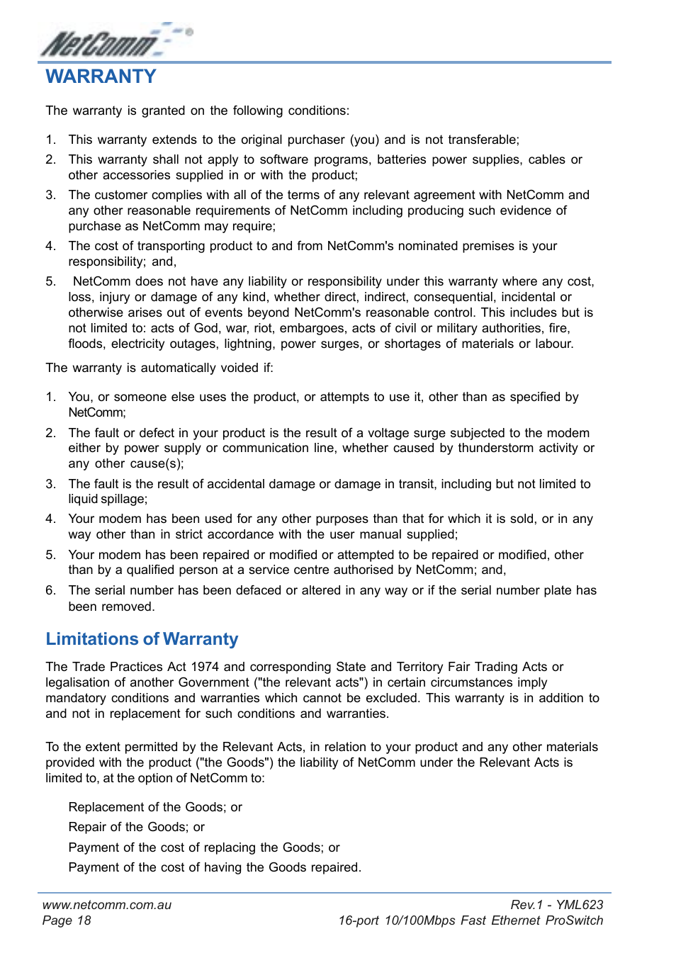 Warranty, Limitations of warranty | NetComm NP2160 User Manual | Page 18 / 20