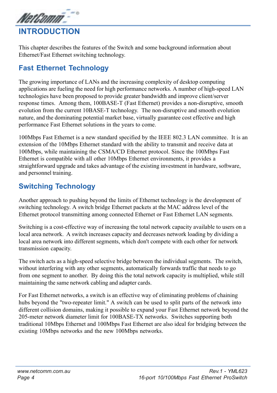 Introduction, Fast ethernet technology, Switching technology | Fast ethernet technology switching technology | NetComm NP2160 User Manual | Page 4 / 20