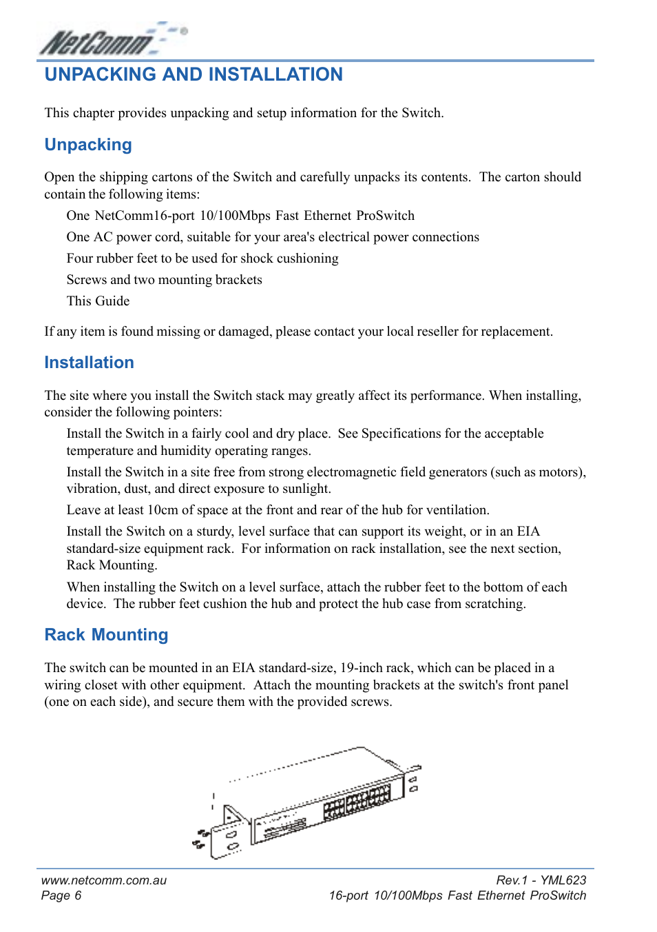Unpacking and installation, Unpacking, Installation | Rack mounting, Unpacking installation rack mounting | NetComm NP2160 User Manual | Page 6 / 20