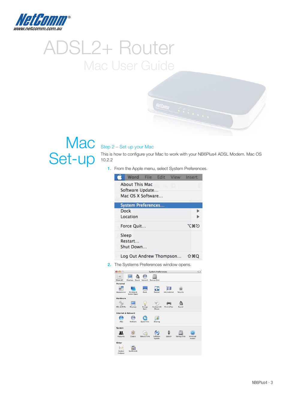 Adsl2+ router, Mac set-up, Mac user guide | NetComm NB6Plus4 User Manual | Page 3 / 8