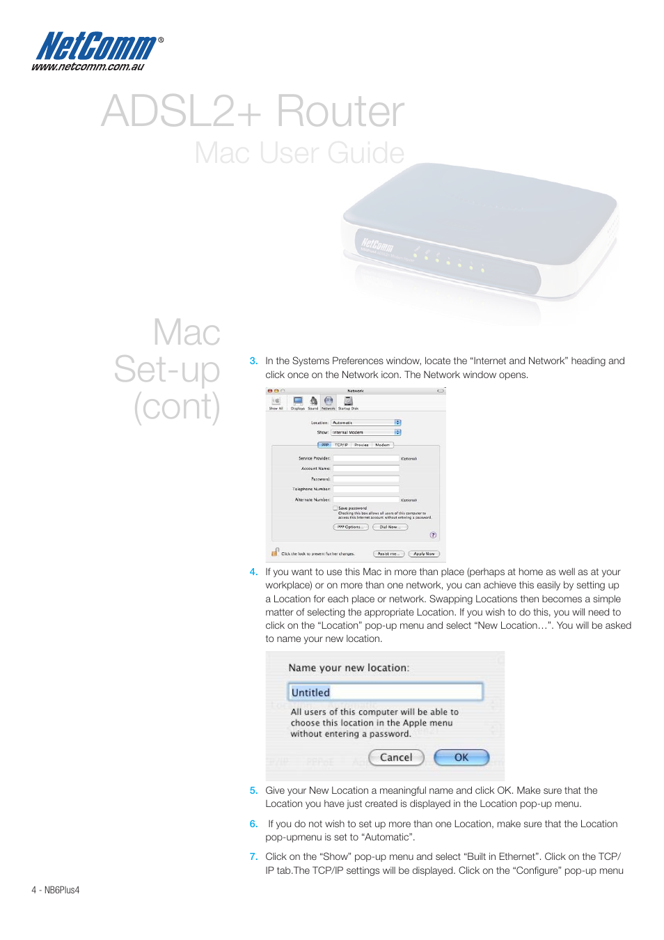 Adsl2+ router, Mac set-up (cont), Mac user guide | NetComm NB6Plus4 User Manual | Page 4 / 8