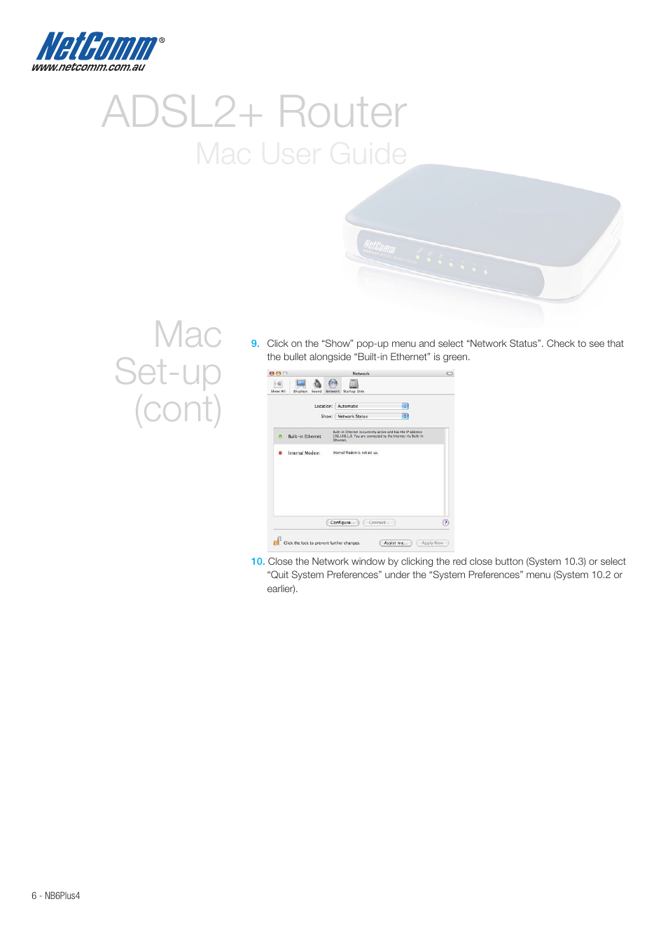 Adsl2+ router, Mac set-up (cont), Mac user guide | NetComm NB6Plus4 User Manual | Page 6 / 8