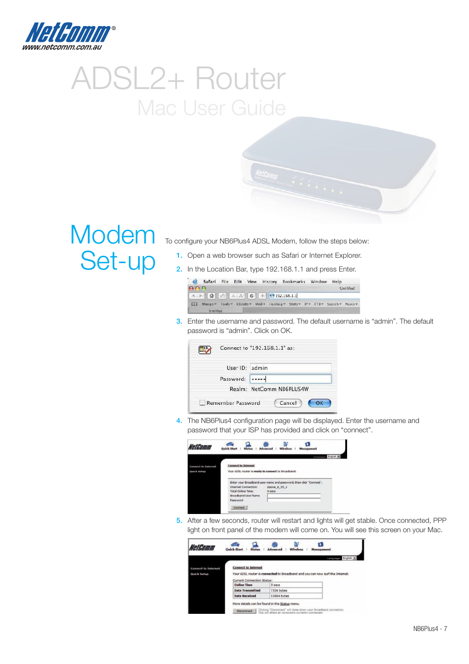 Adsl2+ router, Modem set-up, Mac user guide | NetComm NB6Plus4 User Manual | Page 7 / 8