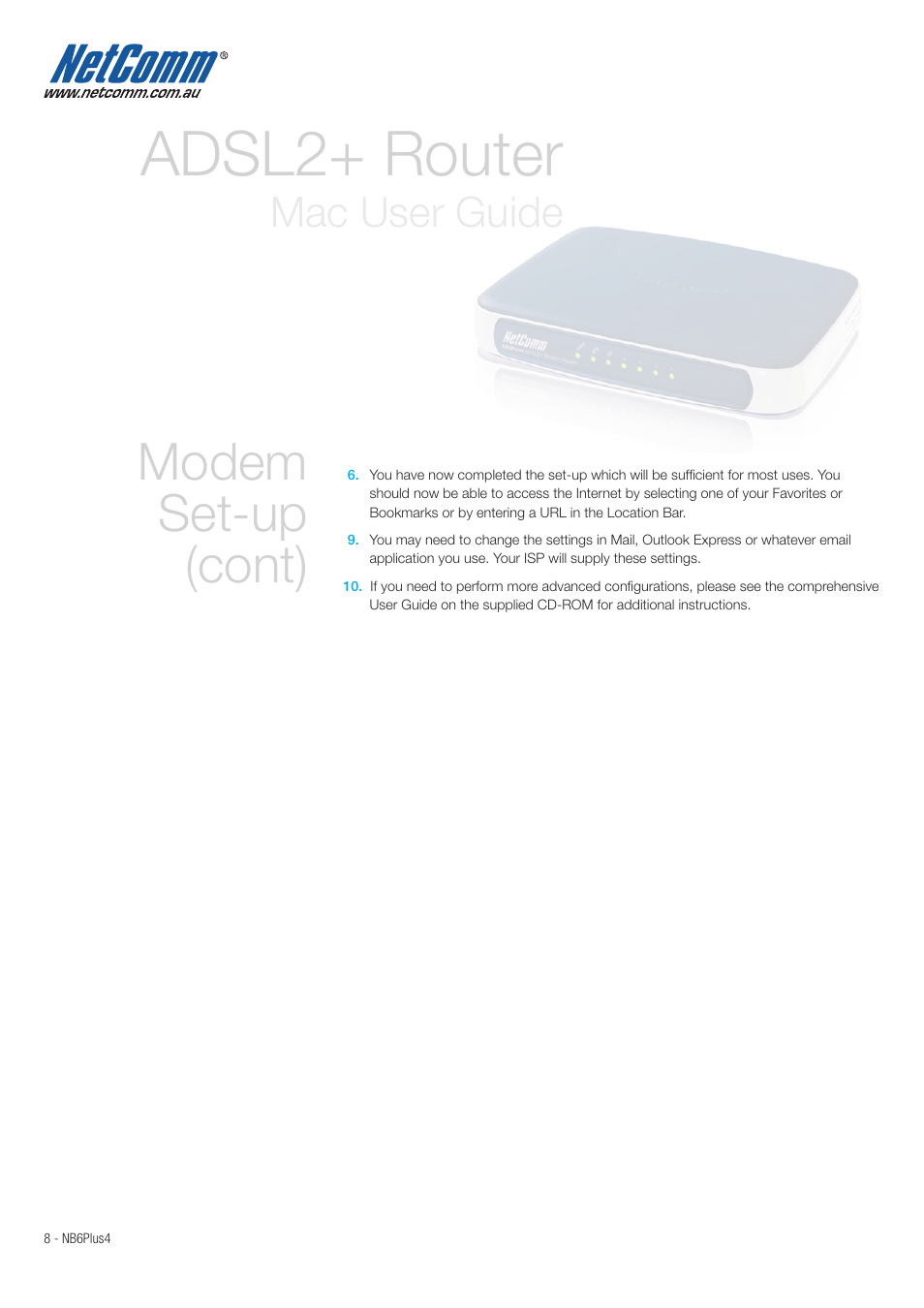 Adsl2+ router, Modem set-up (cont), Mac user guide | NetComm NB6Plus4 User Manual | Page 8 / 8