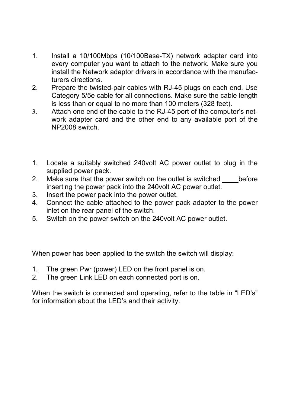 Attaching computers to the switch, Connecting power to the switch, Verifying installation | NetComm NP2008 User Manual | Page 8 / 12