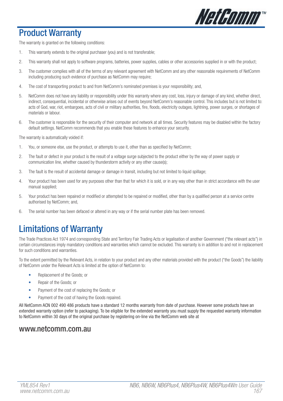 Product warranty, Limitations of warranty | NetComm NB6W User Manual | Page 167 / 170