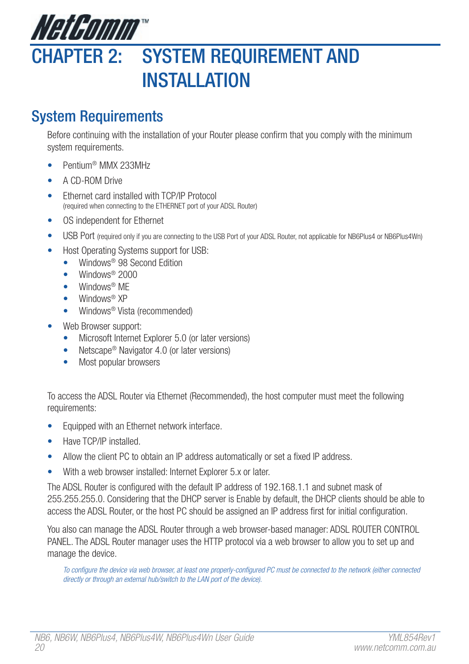 Chapter 2: system requirement and installation, System requirements | NetComm NB6W User Manual | Page 20 / 170