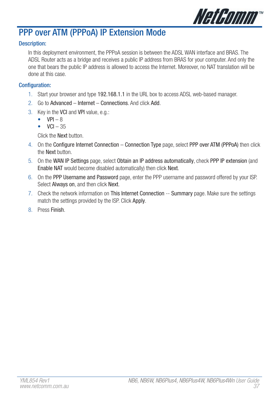 Ppp over atm (pppoa) ip extension mode | NetComm NB6W User Manual | Page 37 / 170