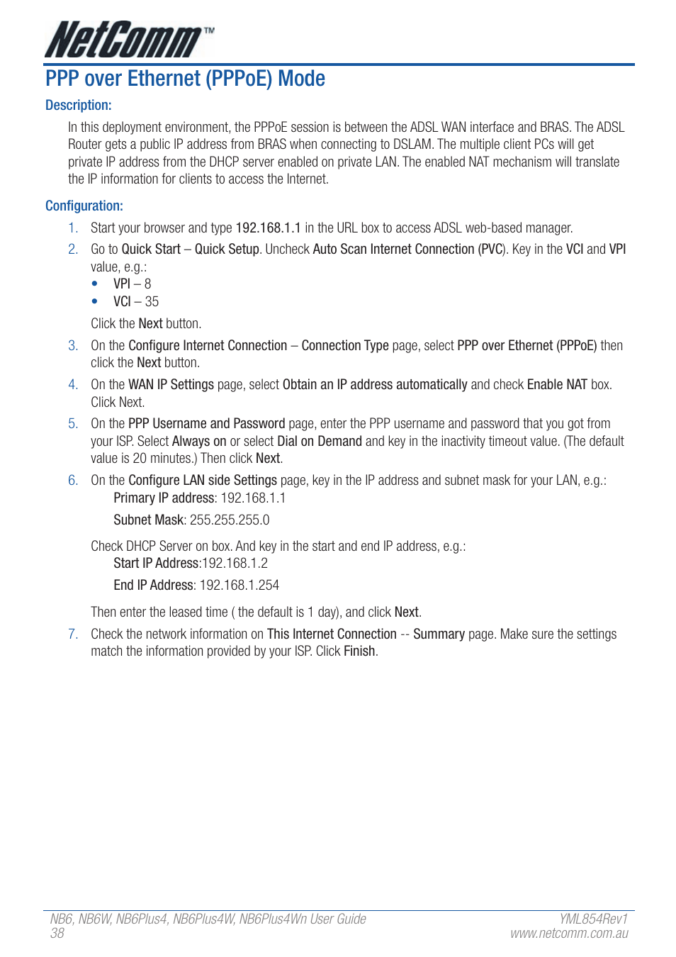 Ppp over ethernet (pppoe) mode | NetComm NB6W User Manual | Page 38 / 170
