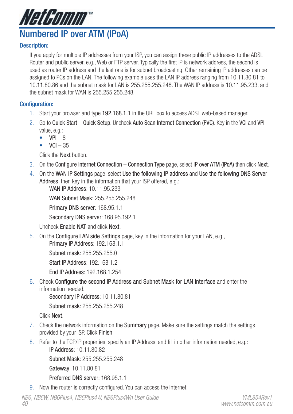 Numbered ip over atm (ipoa) | NetComm NB6W User Manual | Page 40 / 170