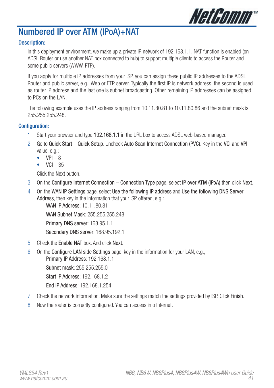 Numbered ip over atm (ipoa)+nat | NetComm NB6W User Manual | Page 41 / 170