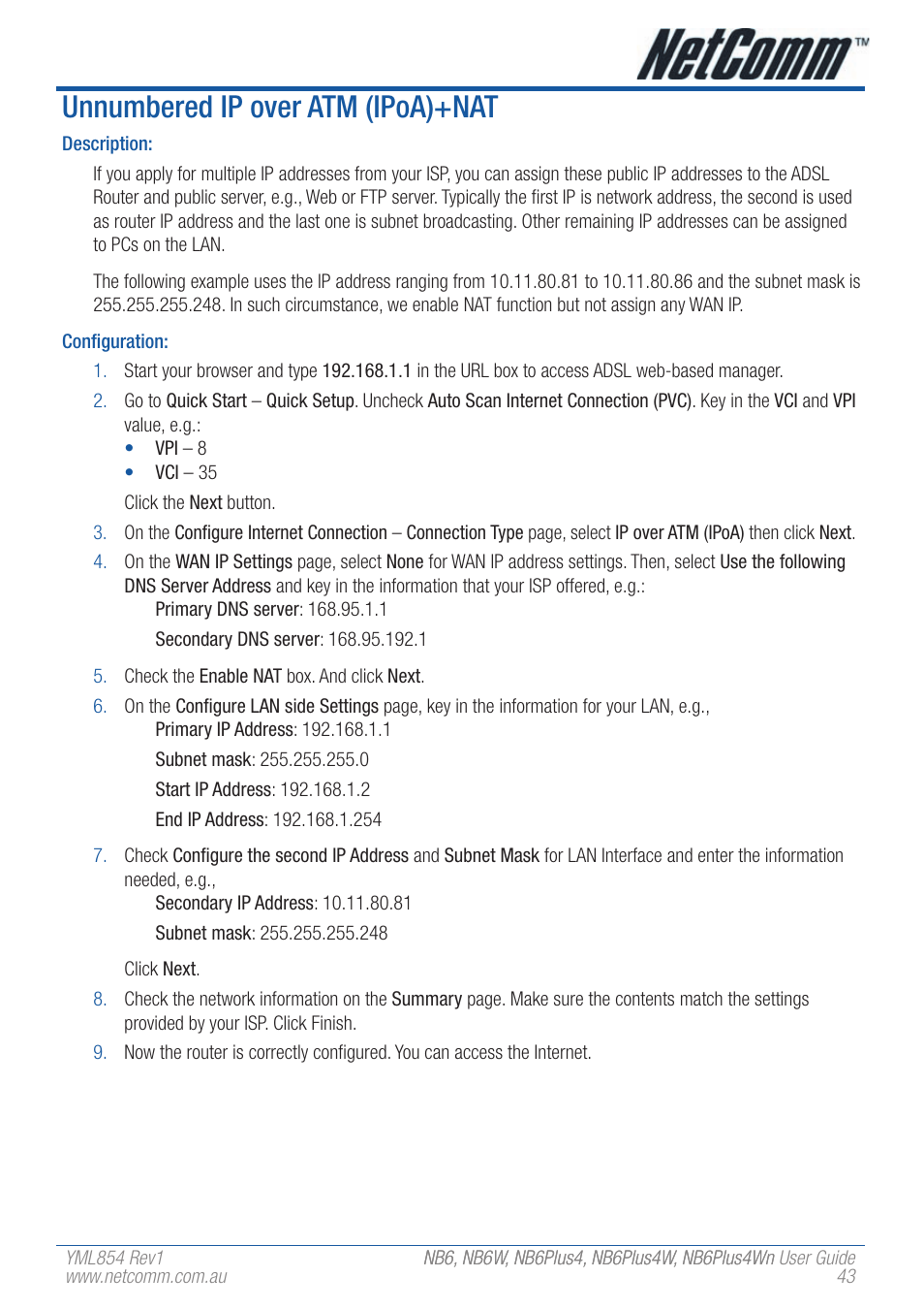 Unnumbered ip over atm (ipoa)+nat | NetComm NB6W User Manual | Page 43 / 170