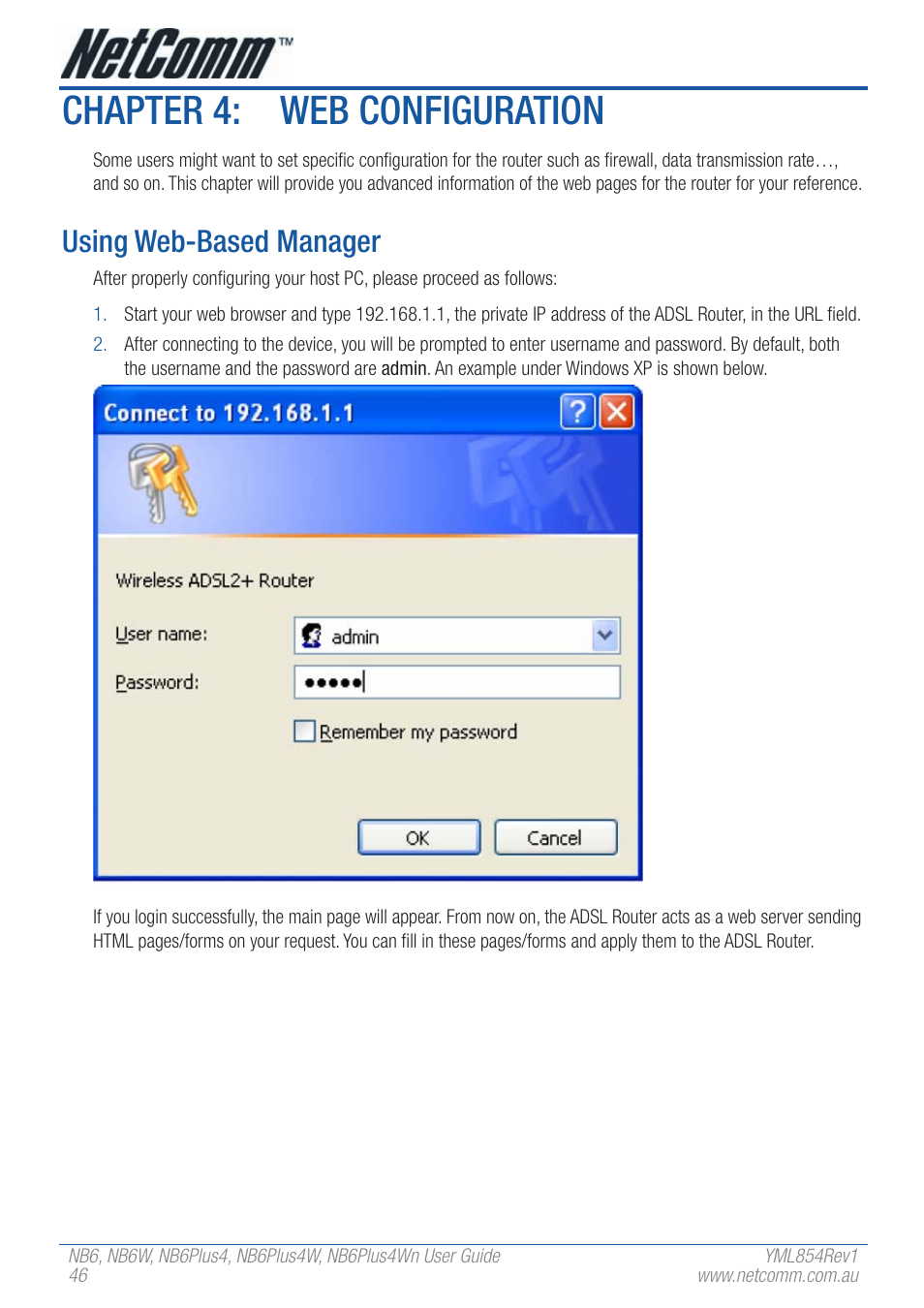 Chapter 4: web configuration, Using web-based manager | NetComm NB6W User Manual | Page 46 / 170