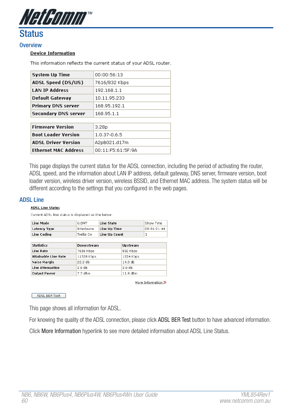 Status | NetComm NB6W User Manual | Page 60 / 170