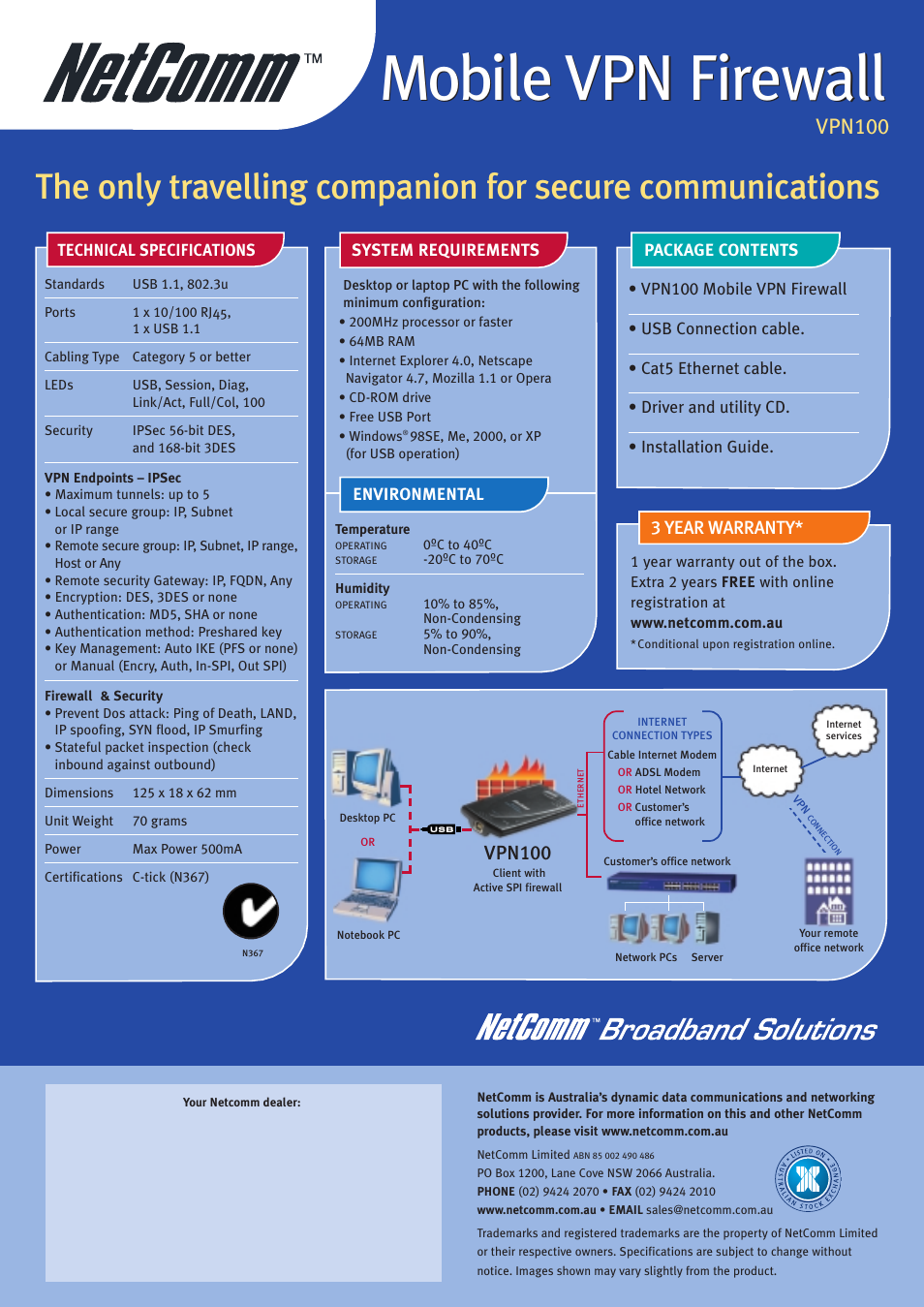 Mobile vpn firewall, Vpn100, 3 year warranty | NetComm Mobile VPN Firewall VPN100 User Manual | Page 2 / 2