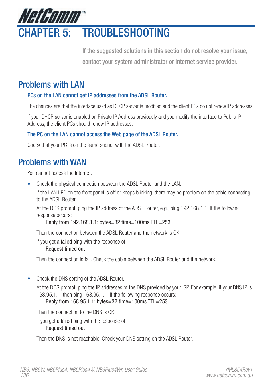 Chapter 5: troubleshooting, Problems with lan, Problems with wan | NetComm NB6PLUS4WN User Manual | Page 136 / 170