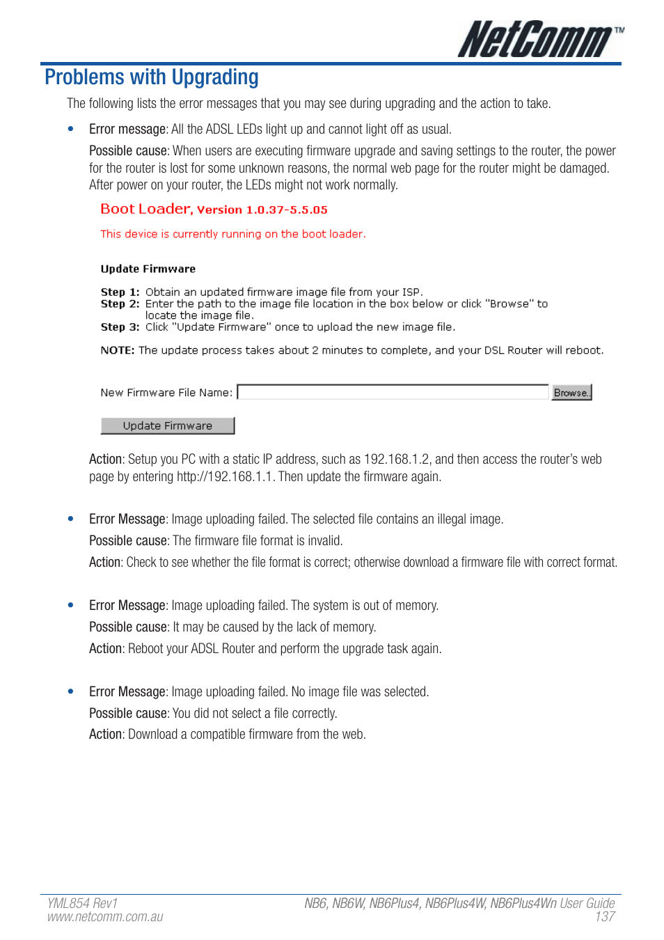 Problems with upgrading | NetComm NB6PLUS4WN User Manual | Page 137 / 170