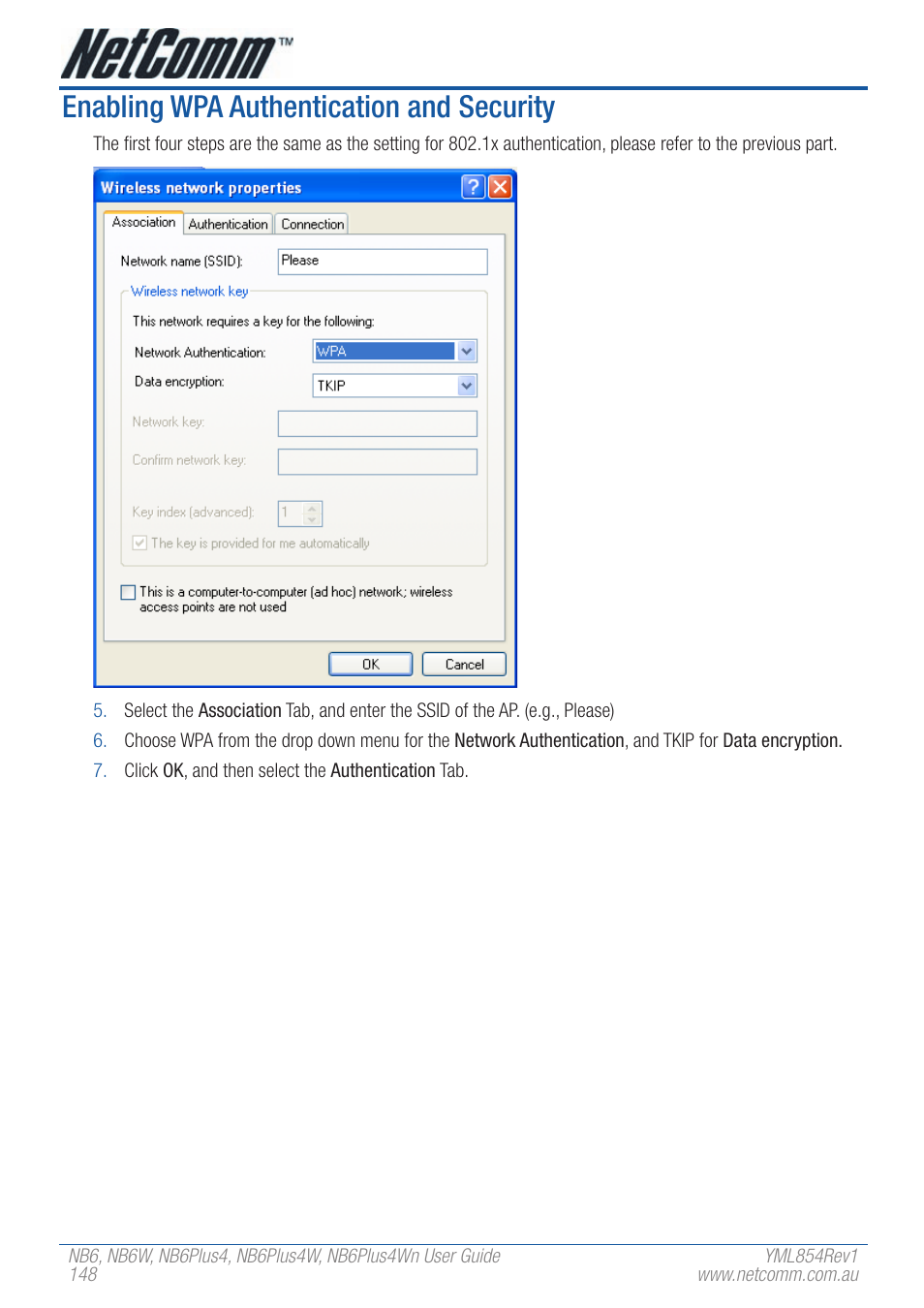 Enabling wpa authentication and security | NetComm NB6PLUS4WN User Manual | Page 148 / 170