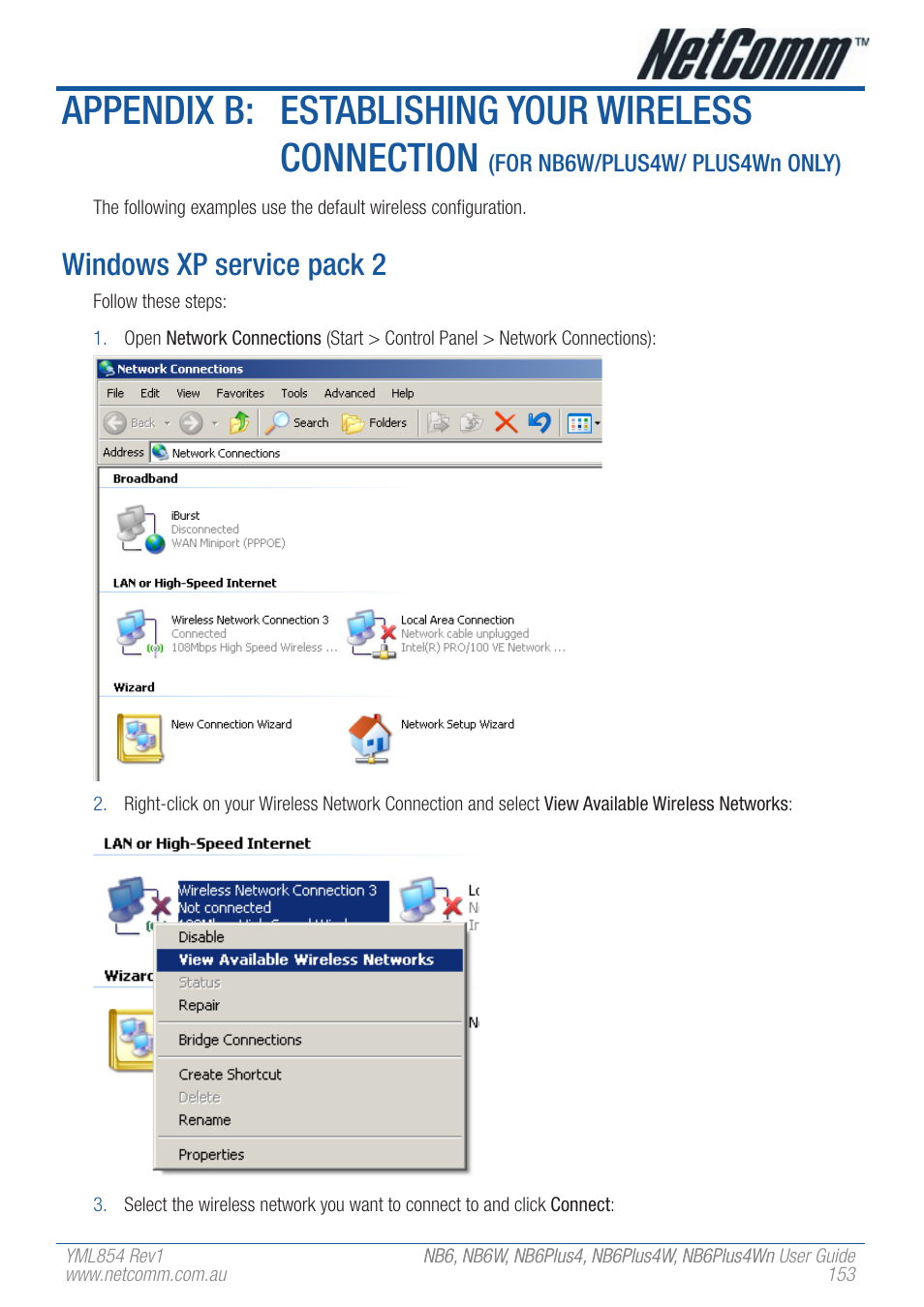 Appendix b: establishing your wireless connection, Windows xp service pack 2 | NetComm NB6PLUS4WN User Manual | Page 153 / 170