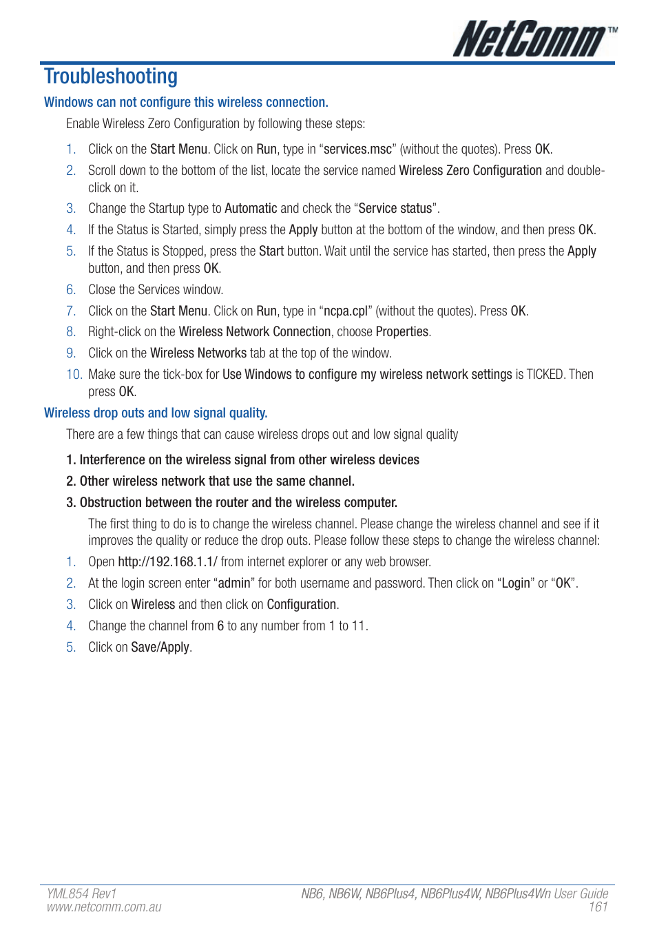 Troubleshooting | NetComm NB6PLUS4WN User Manual | Page 161 / 170