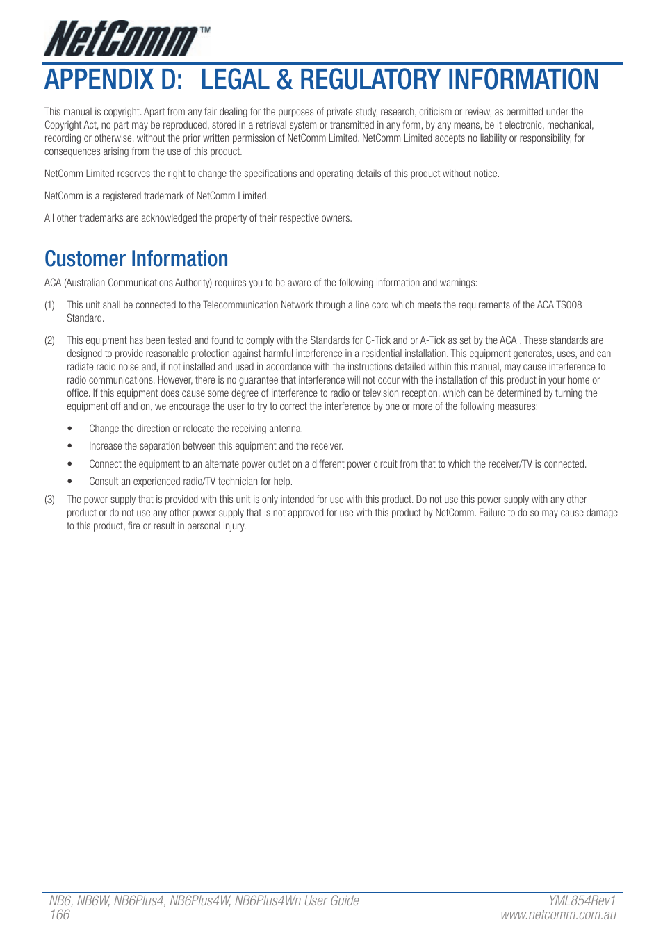 Appendix d: legal & regulatory information, Customer information | NetComm NB6PLUS4WN User Manual | Page 166 / 170