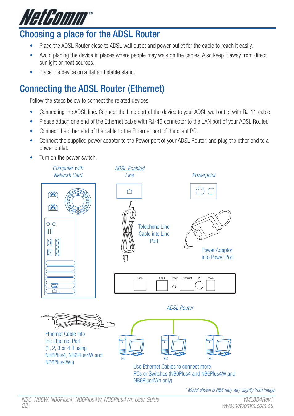 Choosing a place for the adsl router, Connecting the adsl router (ethernet) | NetComm NB6PLUS4WN User Manual | Page 22 / 170