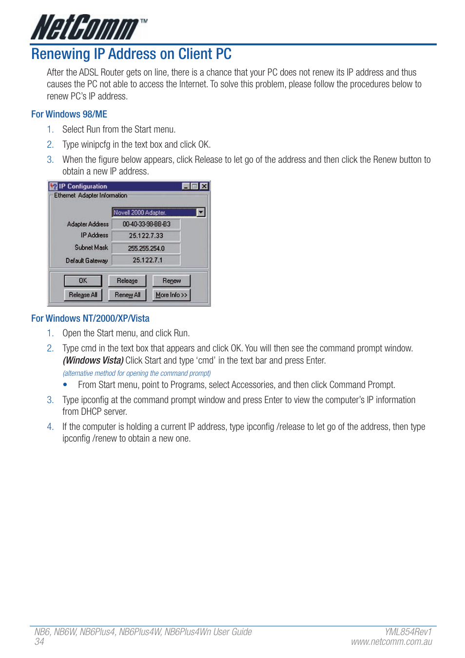 Renewing ip address on client pc | NetComm NB6PLUS4WN User Manual | Page 34 / 170