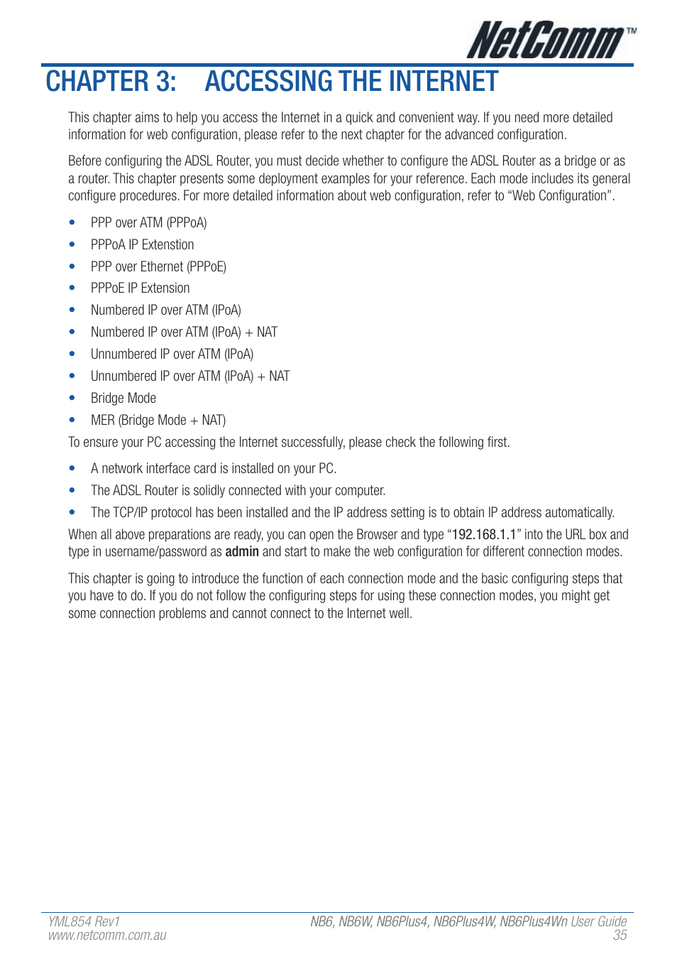 Chapter 3: accessing the internet | NetComm NB6PLUS4WN User Manual | Page 35 / 170