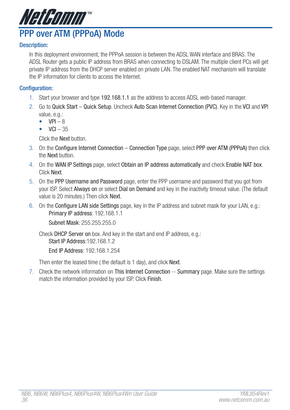 Ppp over atm (pppoa) mode | NetComm NB6PLUS4WN User Manual | Page 36 / 170