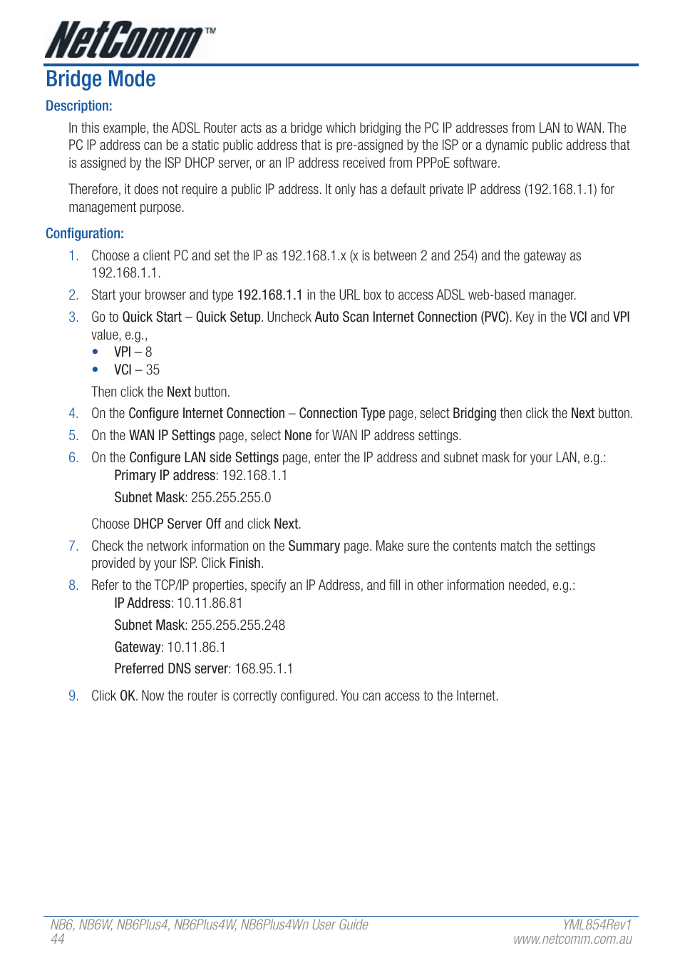 Bridge mode | NetComm NB6PLUS4WN User Manual | Page 44 / 170