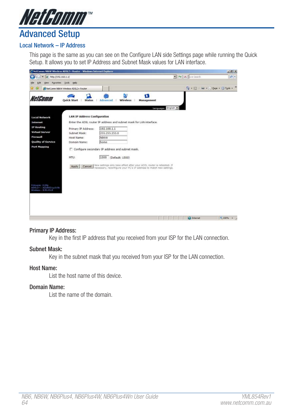Advanced setup | NetComm NB6PLUS4WN User Manual | Page 64 / 170