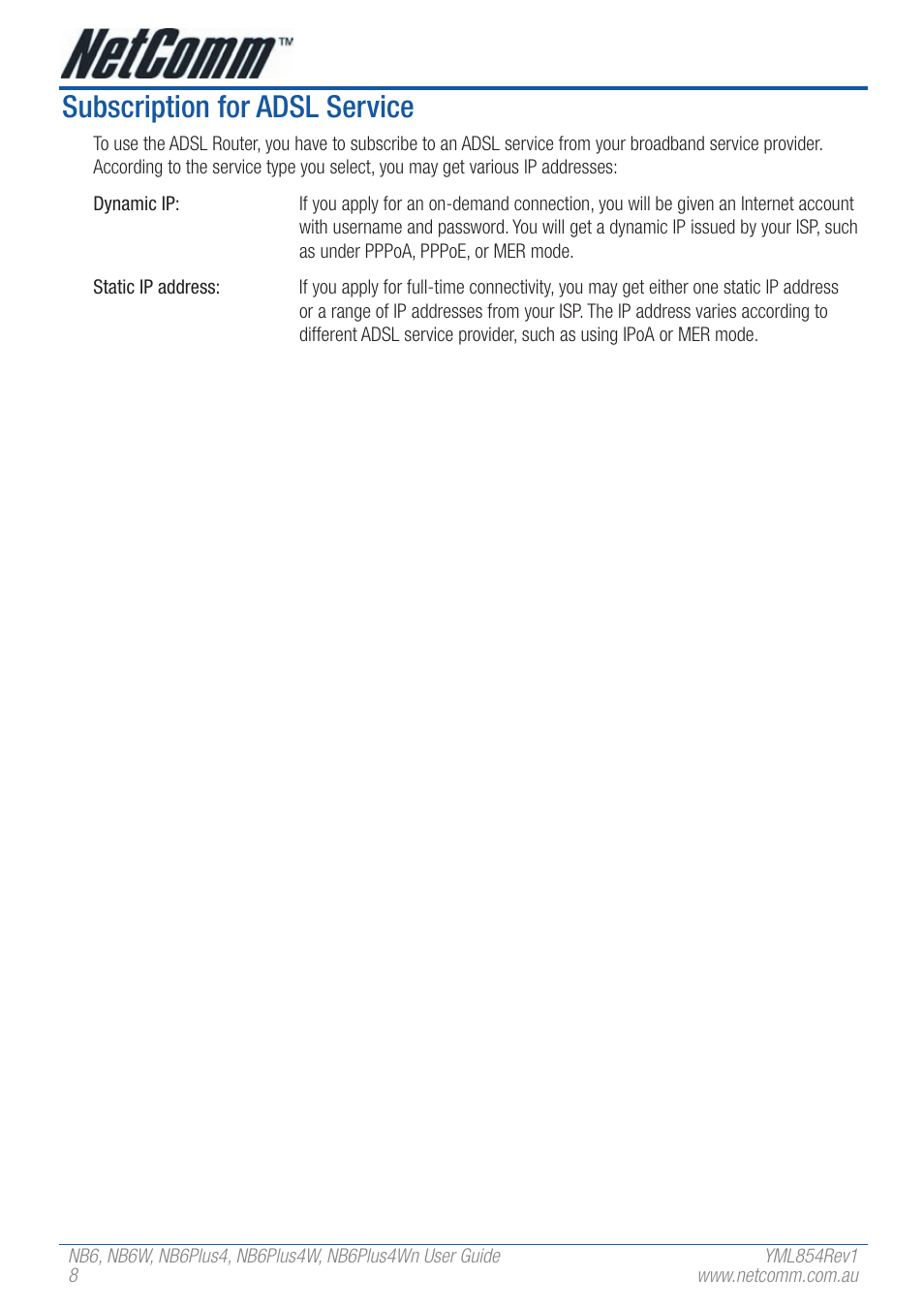 Subscription for adsl service | NetComm NB6PLUS4WN User Manual | Page 8 / 170