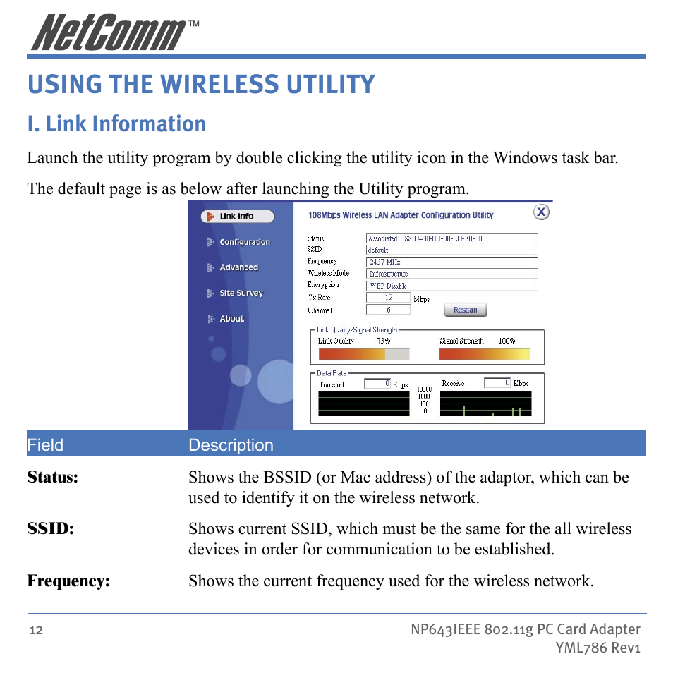 Using the wireless utility, I. link information | NetComm Wireless Network Device NP643 User Manual | Page 12 / 36