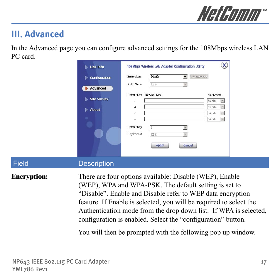 Iii. advanced | NetComm Wireless Network Device NP643 User Manual | Page 17 / 36