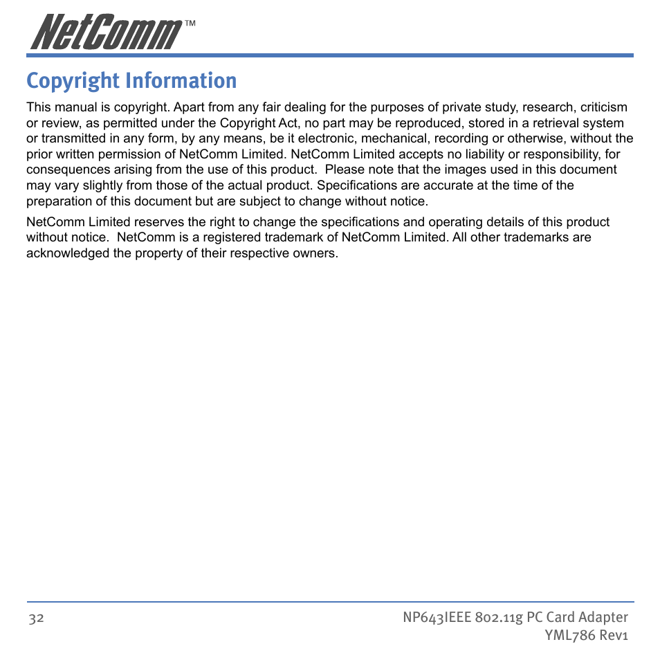 Copyright information | NetComm Wireless Network Device NP643 User Manual | Page 32 / 36