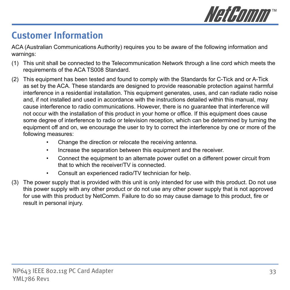 Customer information | NetComm Wireless Network Device NP643 User Manual | Page 33 / 36