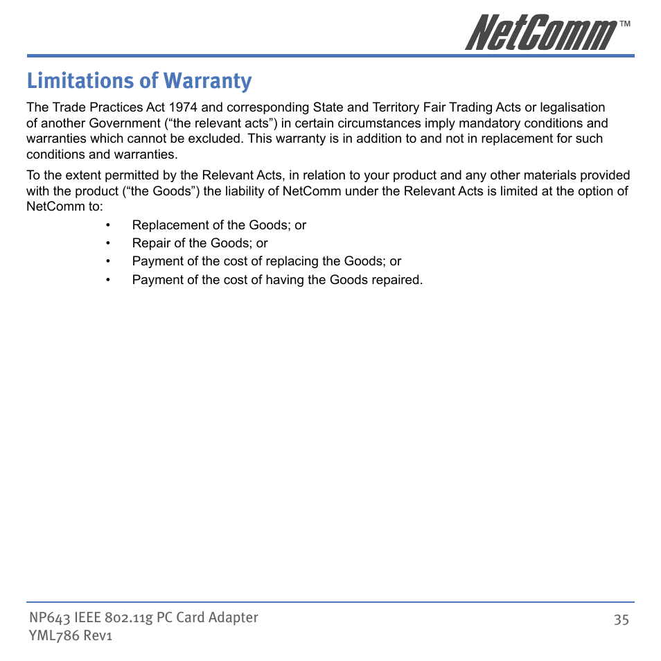 Limitations of warranty | NetComm Wireless Network Device NP643 User Manual | Page 35 / 36