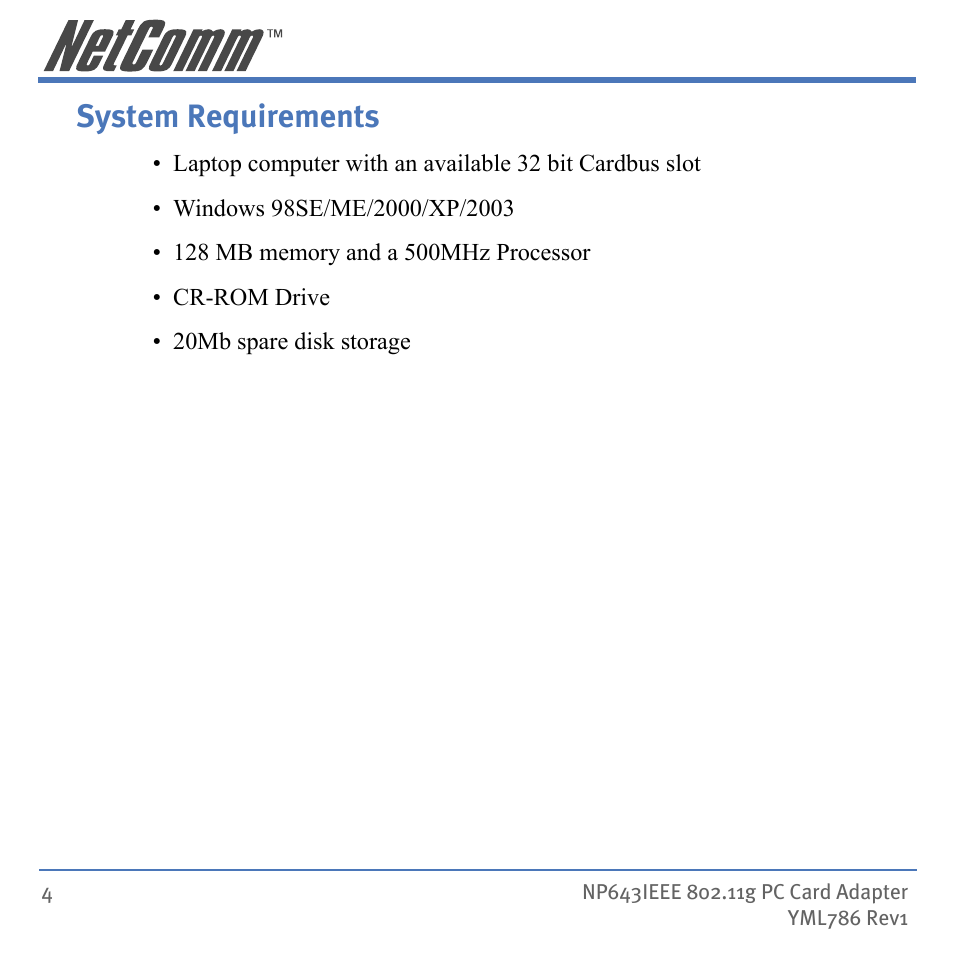 System requirements | NetComm Wireless Network Device NP643 User Manual | Page 4 / 36