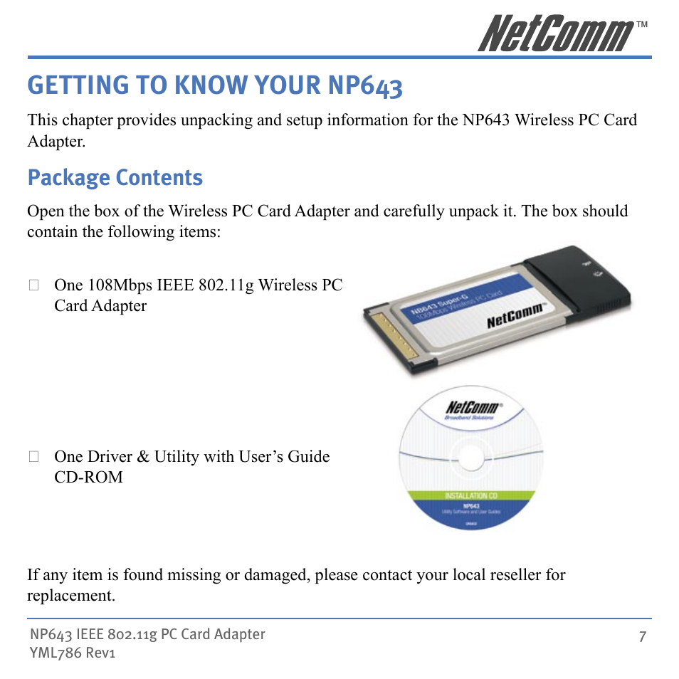 Getting to know your np643, Package contents | NetComm Wireless Network Device NP643 User Manual | Page 7 / 36