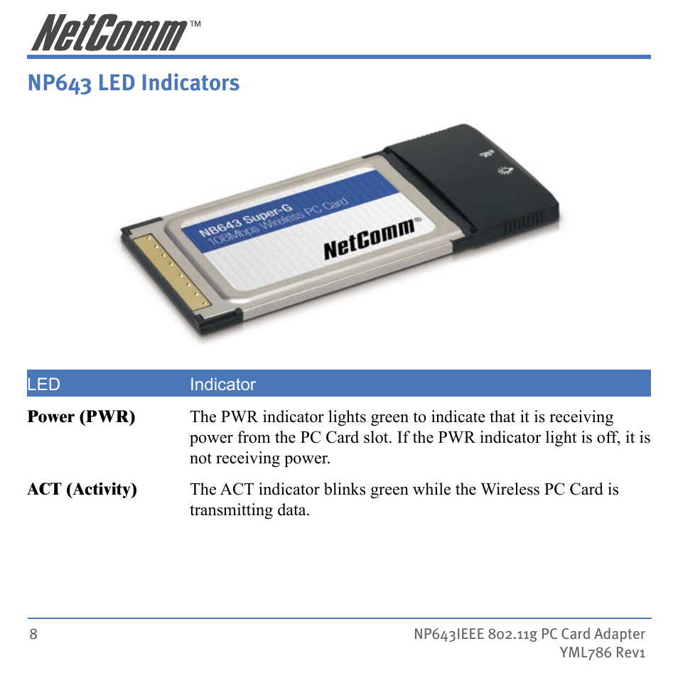 Np643 led indicators | NetComm Wireless Network Device NP643 User Manual | Page 8 / 36