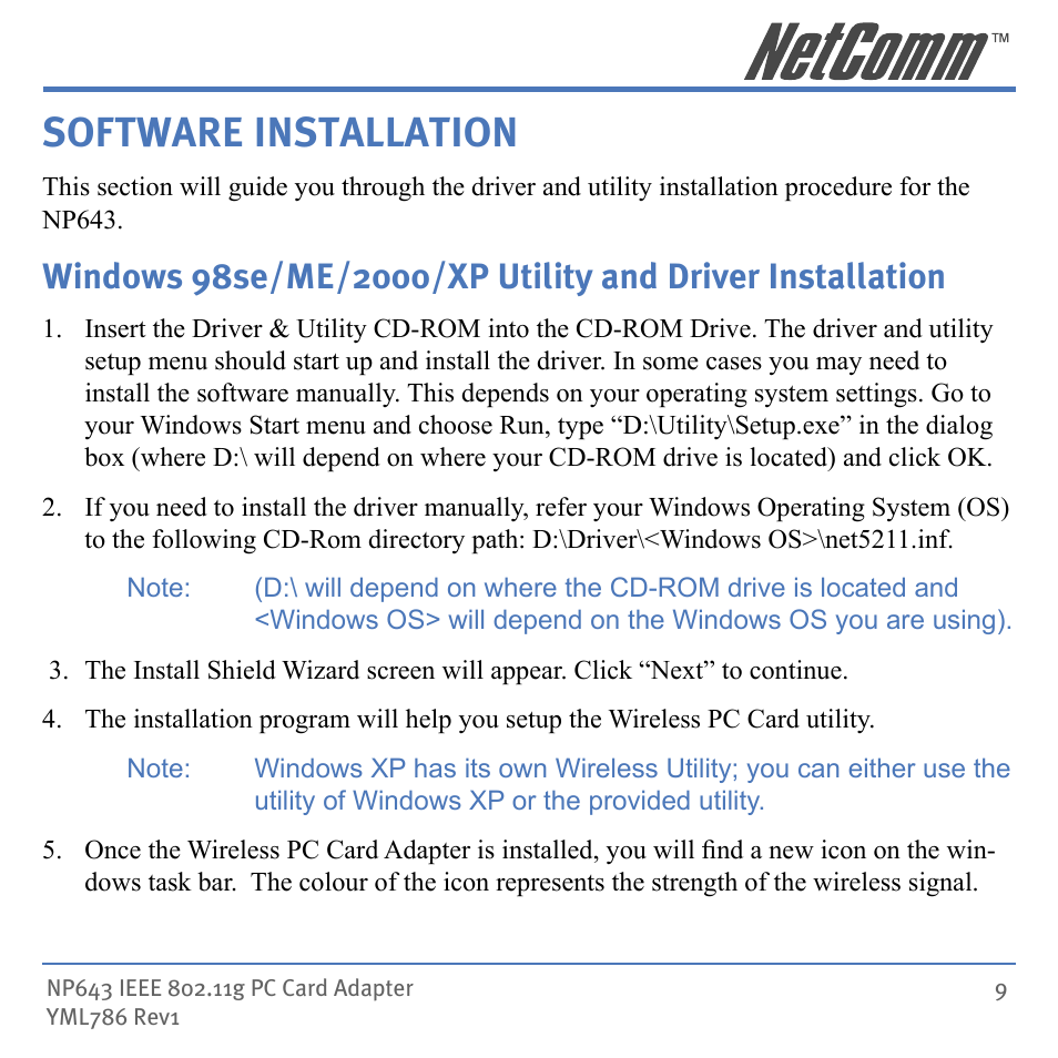 Software installation | NetComm Wireless Network Device NP643 User Manual | Page 9 / 36